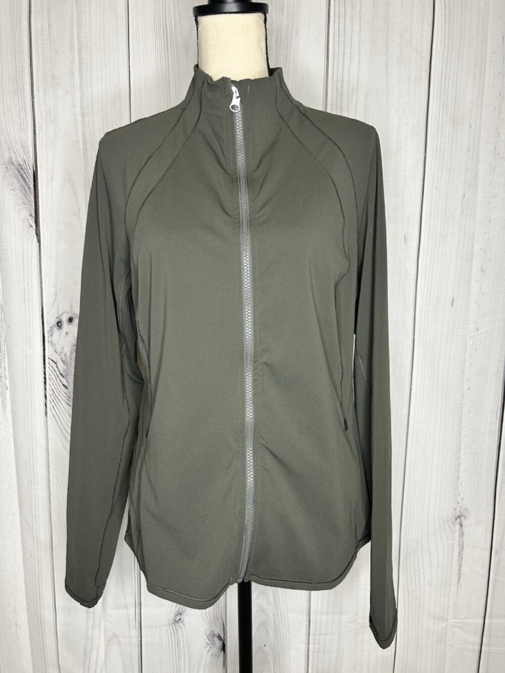 SPANX Full Zip Contour Athletic Jacket Sz XL Olive Green Thumbholes Jersey